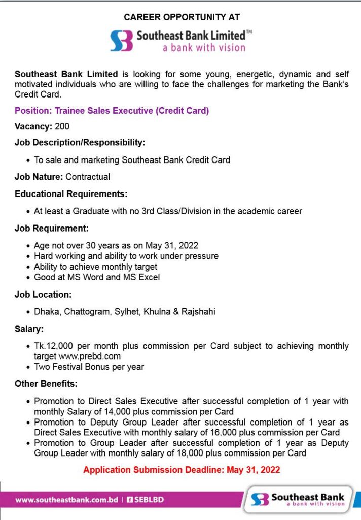 Southeast Bank Job Circular 2022 Trainee Sales Executive